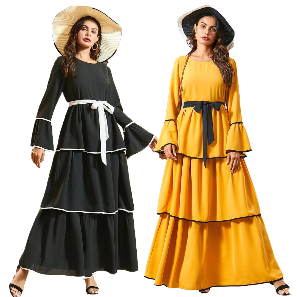 Модное женское многослойное платье мусульманская абайя расклешенные рукава