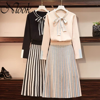

Plus Size Women's Knitted Set Autumn Winter Long Sleeve Bow Tie Striped Skirt Set Knitted Sweater Suit Two-piece Suit Drress