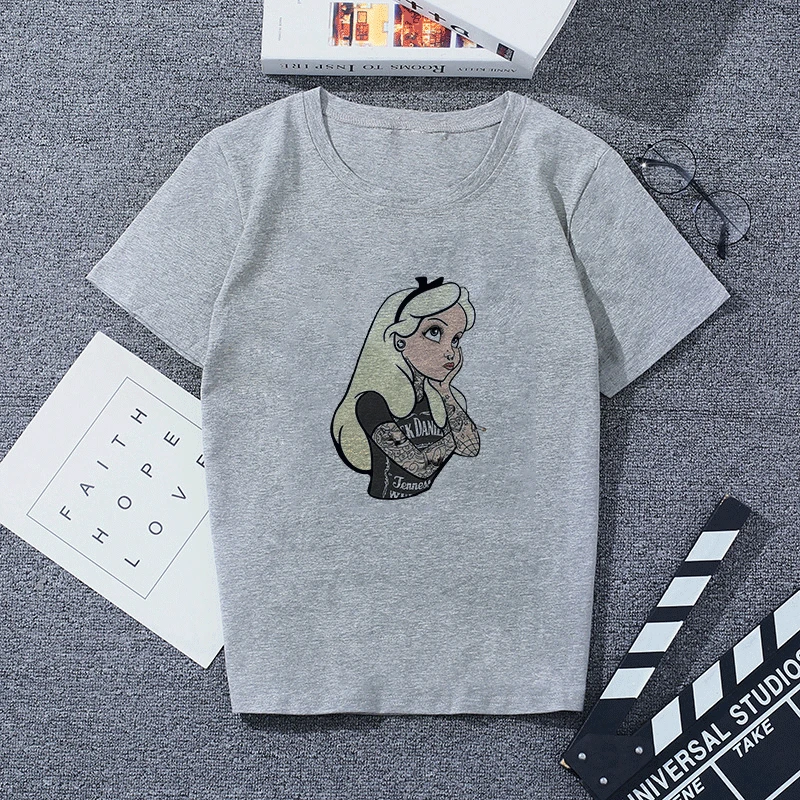 Белоснежка и принцесса Алиса Харадзюку футболка для женщин Kawaii тату печать Mash Up Top панк женские футболки с коротким рукавом Одежда - Цвет: 1958-gray