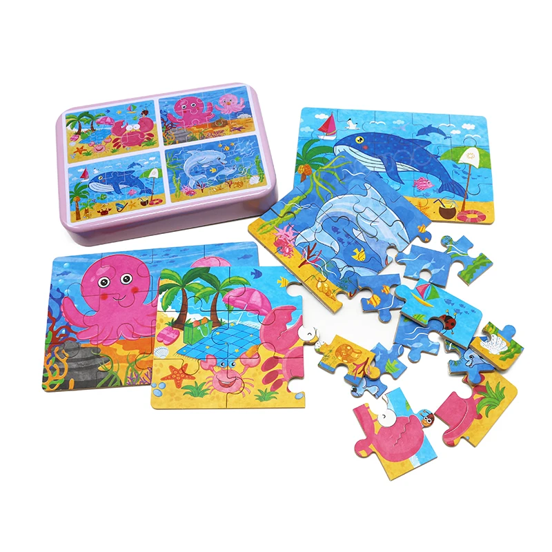 Wooden toy puzzle 4 in 1 cartoon animal 3D HD puzzle Montessori fun wooden toy early education cognitive education game