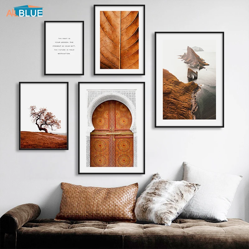 

Brown Leaves Door Canvas Prints Nordic Poster Nature Wall Art Landscape Sea Island Painting Wall Pictures For Living Room Decor