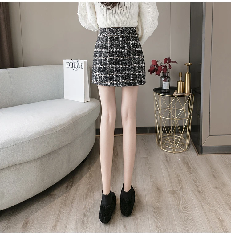 Autumn Winter Mini Tweed Skirt Women Elegant Plaid Skirts Ladies Fashion Korean High Waist Buttons Sexy Short Skirts Package Hip