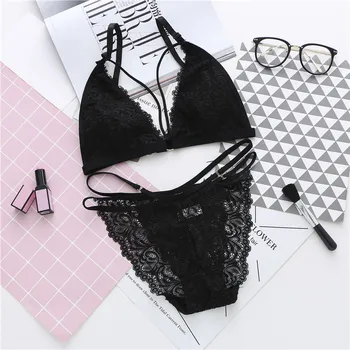 

Black White Ultra Thin Bra and Panty Set Lace Underwear Women Girls Lingerie Wire Free See Through Bra Transparent Thong Brief