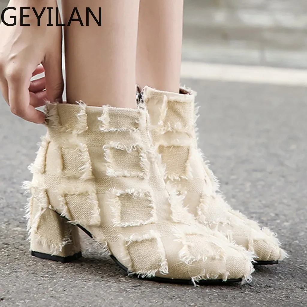 

solid patchwork womens boots Suqare Heels Zipper Tassel Lace Short Booties Pointed Toe Shoes botas zapatos de mujer #3