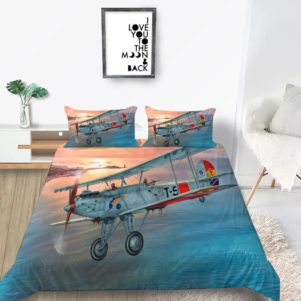 

3D Sea Bedding Set Biplane Fashionable Dusk Duvet Cover High End King Queen Twin Full Single Double Unique Design Bed Set