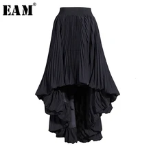 [EAM] высокая эластичная талия, черная Асимметричная плиссированная юбка, женская мода, новинка, весна-осень, 19A-a783