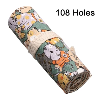 

Stationery Colored Cute Unisex Wrap Large Capacity Canvas Pencil Bag Students Portable Roll Up Cartoon Cat For Accessories Gift