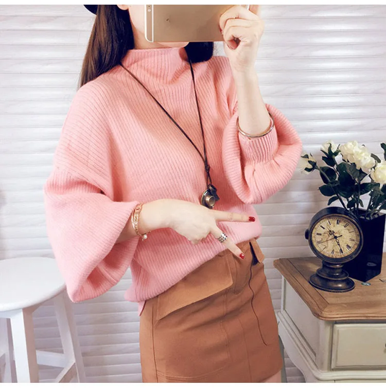 

2019 Autumn Winter Women Knitted Turtleneck Thick Sweater Casual Puff Sleeve Loose Red Jumper Sweater Femme Elasticity Pullovers