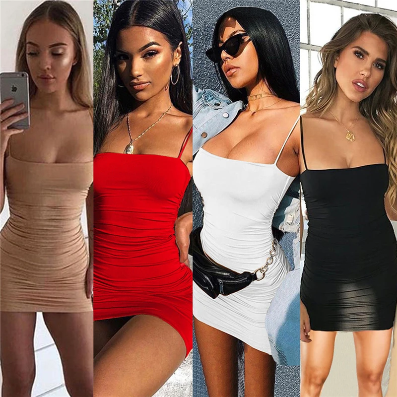 

Metal Strap Elastic Solid Mini Dress Women V Neck Backless Wrap Hip Club Dresses Sexy Lady Party Skinny Jupe Clothing