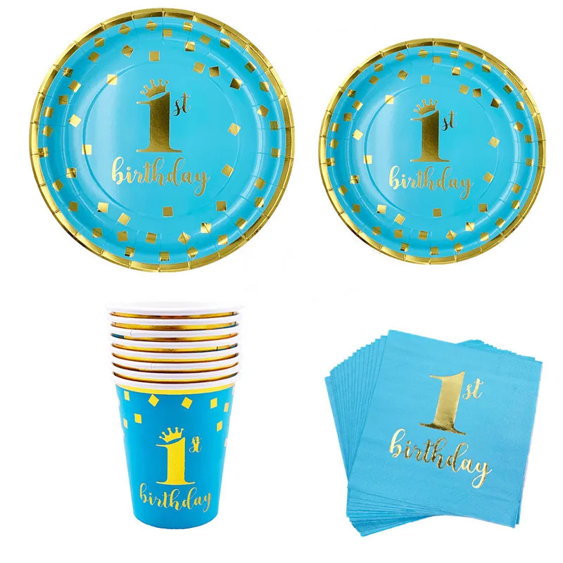 1 year Boy Birthday First Birthday Boy Party Decorations blue dot paper  plates cup Balloon Garland Kids 1st Birthday Party decor - AliExpress