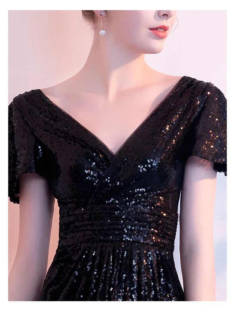 Solovedress Короткие рукава с гофрированными манжетами вечернее платье латинский танец линия Блестящий блесток формальное платье с v-образным вырезом сзади с застежкой-молнией E82