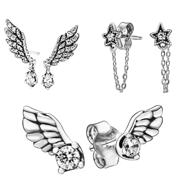 

2019 Winter 925 Silver Crystal Dangling Sparkling Angel Wing Stud Earrings Celestial Stars Earrings