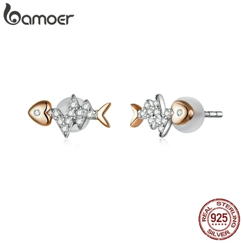 

bamoer Authentic 925 Sterling Silver Rose Gold Color Fish Bone Stud Earrings for Women Ear Pins Gifts 2020 New Bijoux SCE814