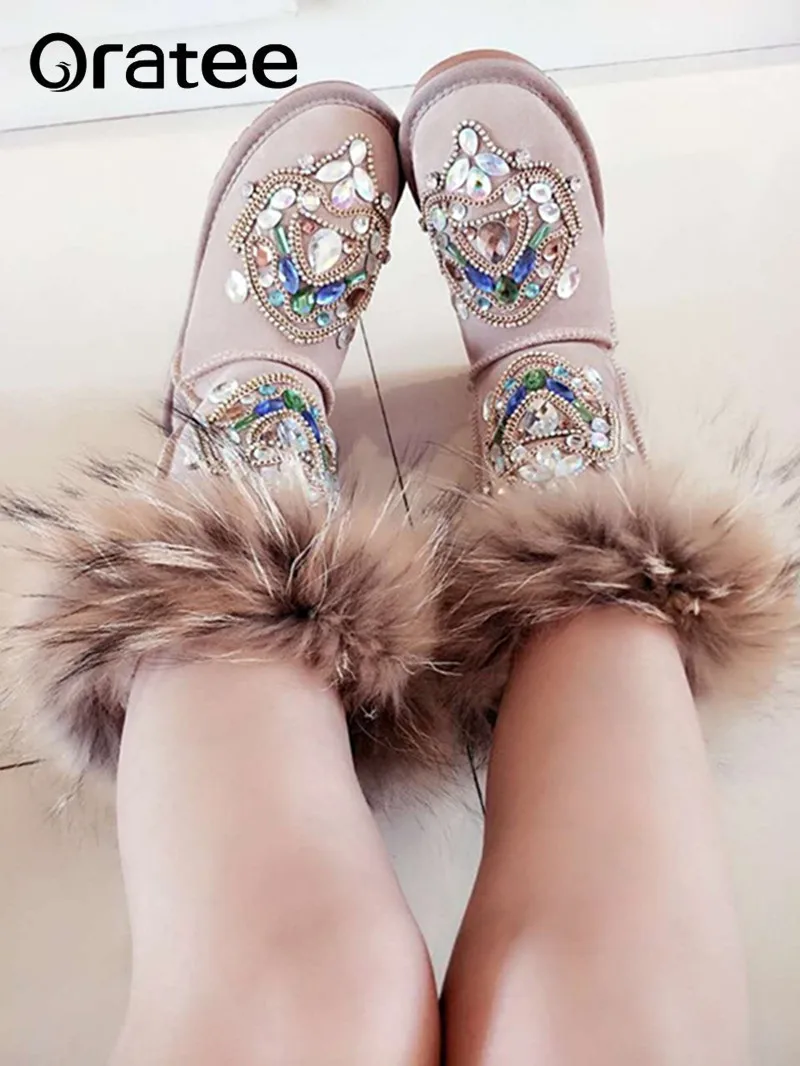 

2017 Winter Luxury Big Fox Fur Totem Heavy Pure Handmade Brand Diamond Full Drill Leather Flats Sexy Martin Fur Snow Boots