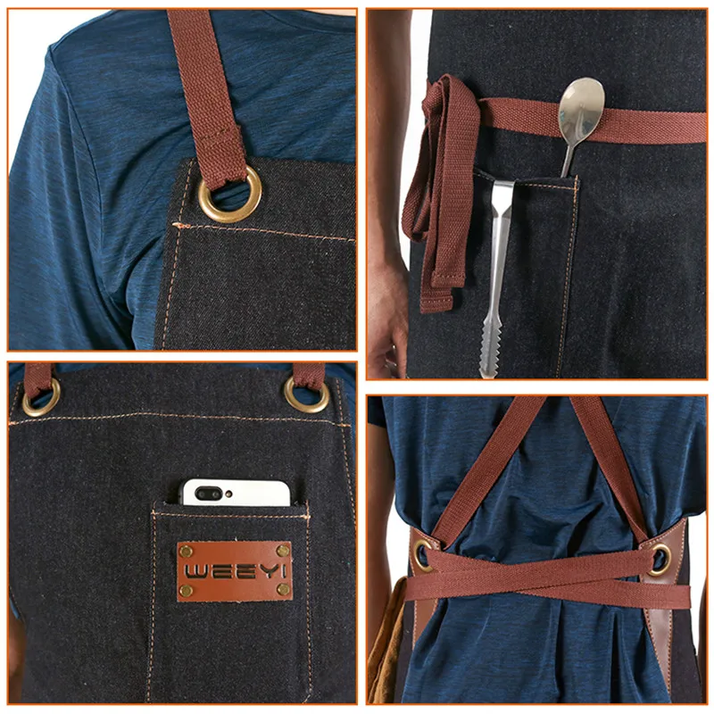 WEEYI Kitchen Apron Men Women Chef Cooking Denim Apron Kitchen Black Man aprons Pocket For Barista Bartender delantal cocina