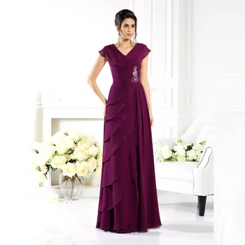 

Latest Graceful Burgundy Chiffon Full Length Mother of the Bride Dresses Cap Sleeves Beading Wedding Party Gowns Tiered Skirt