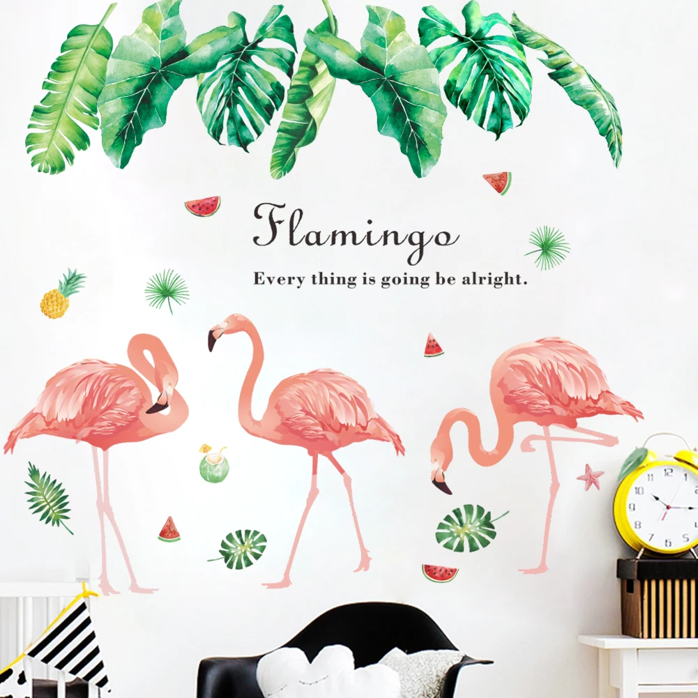 Tropical Tree Leaves flower Flamingo Wall Stickers DIY Green Plant leaf Wall Decals for Living Room Home Decor murals