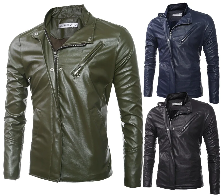 

2019 New Style Men Double Stand Collar Multi-Zipper Design Short Slim Fit Leather Coat Men li ling Locomotive Leather Coat T77
