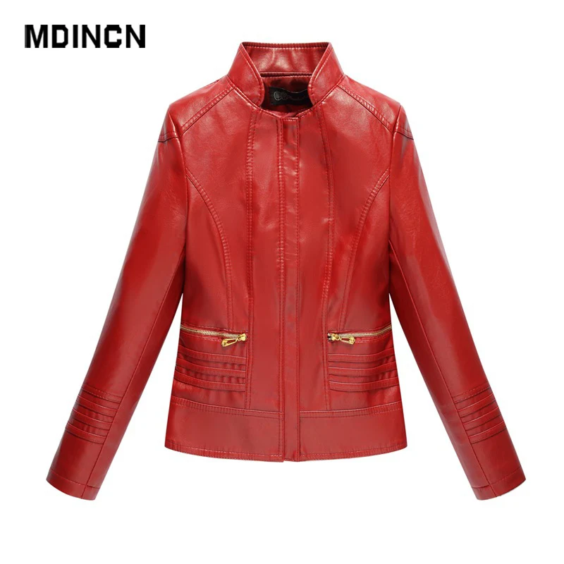 MDINCN новые модные женские весенние и осенние черные Куртки из искусственной кожи базовое пальто на молнии байкерская куртка с воротником-стойкой 5XL