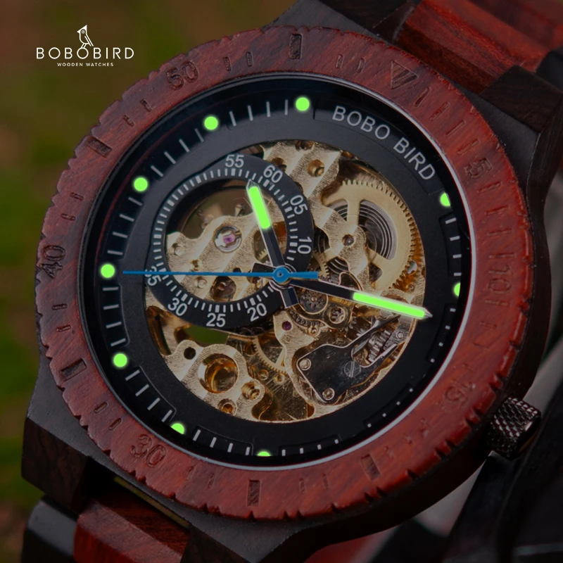 BOBO BIRD Montre mécanique en bois pour hommes Montre-bracelet automatique de luxe Aiguilles lumineuses Chronographe Logo personnalisé Personnaliser Grande boîte-cadeau Support de bijoux élégant en gros et dropship