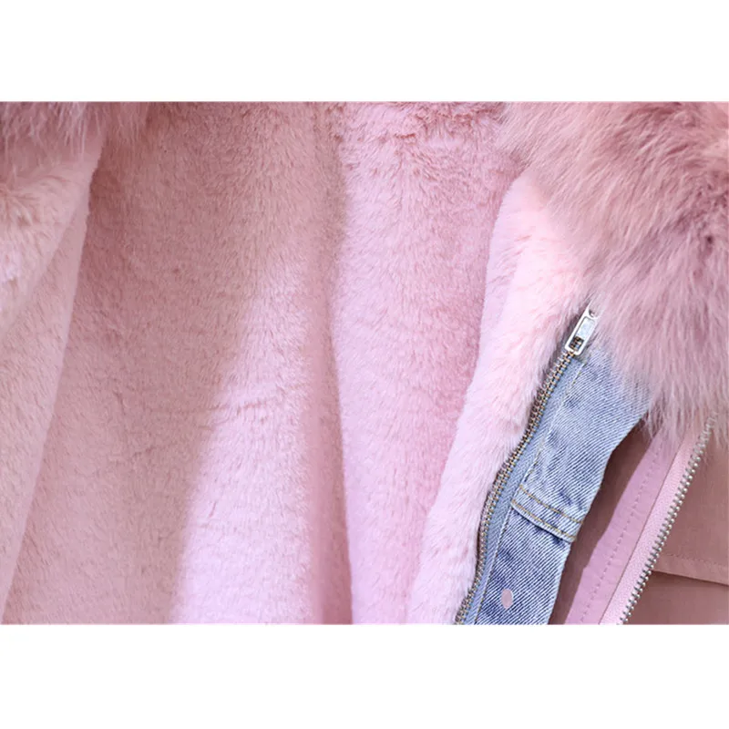Winter Jacket Denim Splice Parkas Mujer Thick Loose Fashion Big Fur Collar Detachable lambswool Lining Jeans Spliced Jacket Coat