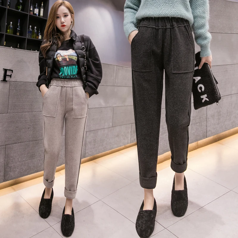 Осенние новые женские эластичные шерстяные брюки женские большие размеры повседневные брюки шаровары зимние шерстяные брюки с карманами длиной до щиколотки