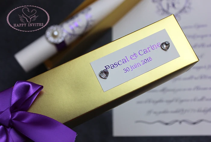 HI2052-50 Golden Scroll Invitation Card with Rhinestone Brooch