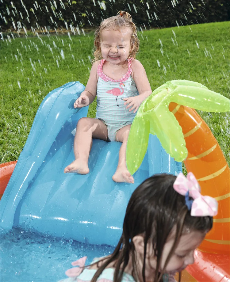 Inflatable Play Center Pool Seaside Water Play Center with Water Slide Coconut Palm Sprinkler Ball Toss Game Ring Toss Game