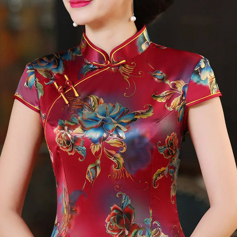 Традиционный цветочный принт для женщин Cheongsam сексуальный тонкий низкий Сплит Лето короткий Qipao Винтаж Восточный вечер платье Vestidos