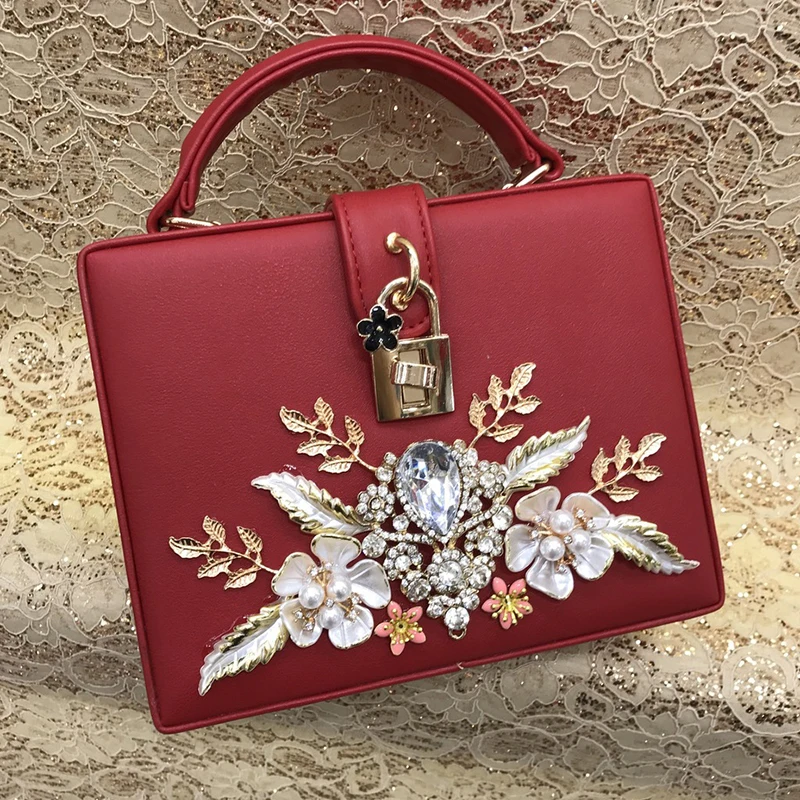 Burgundy Flower Pearl Clutch Purse