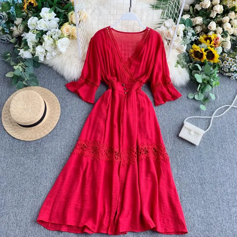 

Women Lace Solid V-Neck Swim Beach Maxi Dress Cover Up Summer Sexy Swimwear Bathing Suit Bikini High Waist Cover-Ups