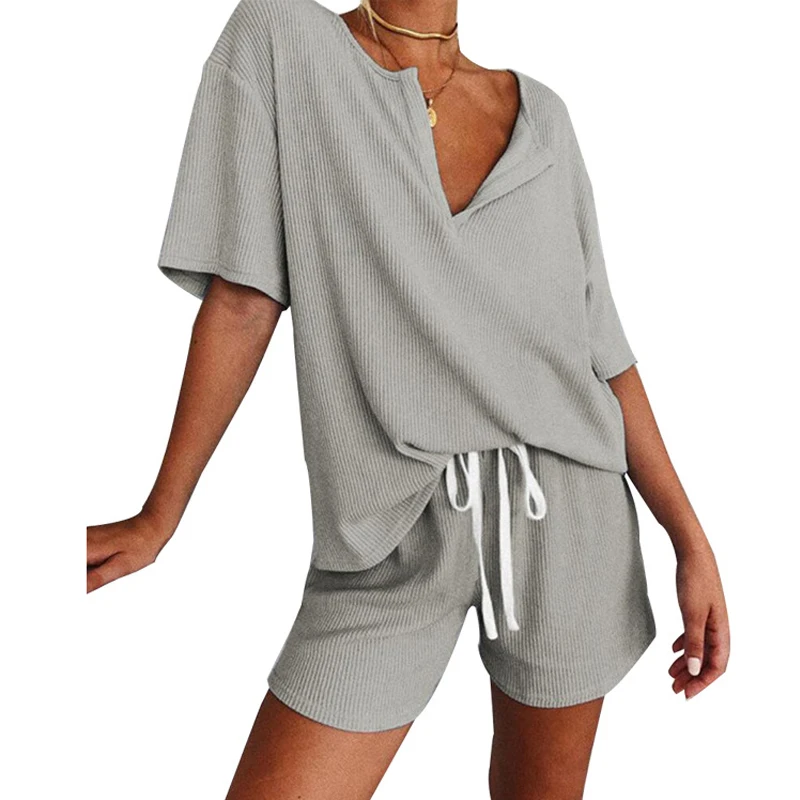 

New Summer Two Piece Women Set Casual O-Neck Khaki Short Sleeve Two Piece Set Women Crop Top And Shorts Drawstring Outfits