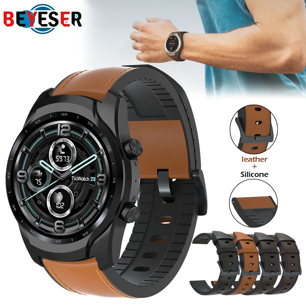 Leather Silicon Strap For Ticwatch Pro 3 GPS Silicone Band For Ticwatch Pro 2020/GTX/E2/S2 Mens Strap Replacement Sport Bracelet