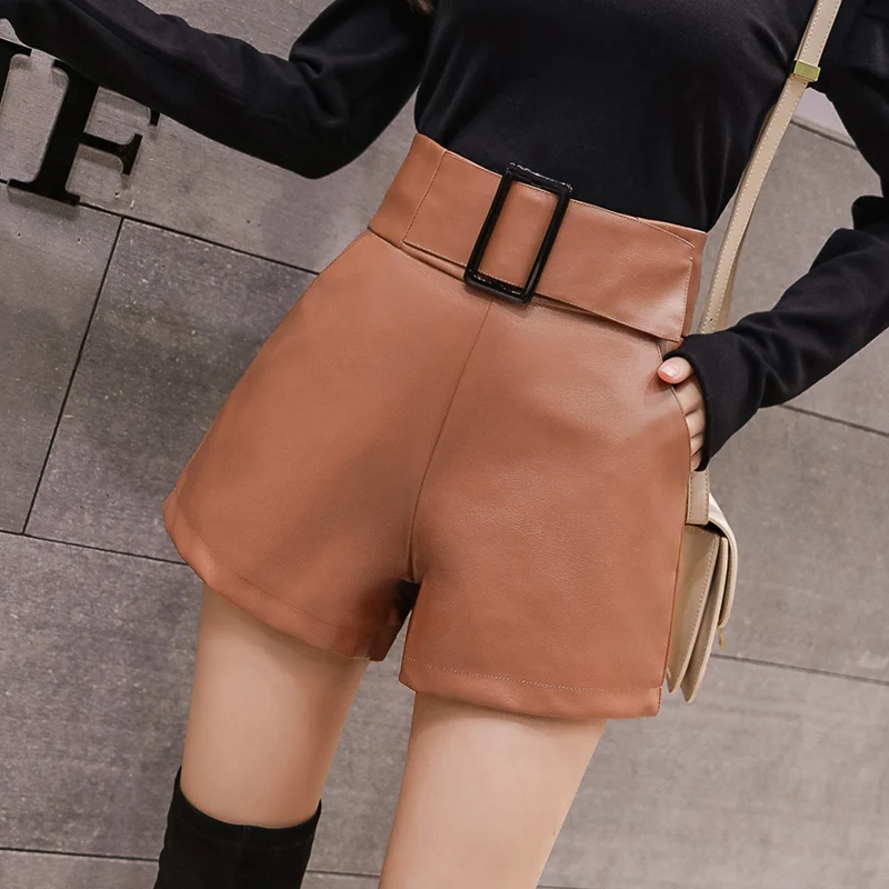 Korean PU Faux Leather Shorts Women Autumn High Waist Wide Leg Short Ladies Plus Size Sexy Black Belted Short Femme 7774 50