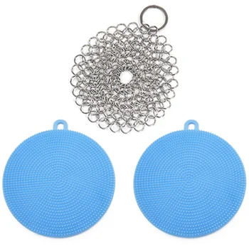 

1PCS 4inch Stainless Steel Cast Iron Cleaner Chainmail Scrubber + 2PCS Silicone Brush for Cleaning Pan Grill Griddle Cookware