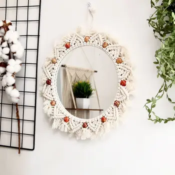

Wall Mirror Wall Hanging Decor Handmade Cotton Rope Makeup Mirror Boho For Living Room Bathroom Decoration
