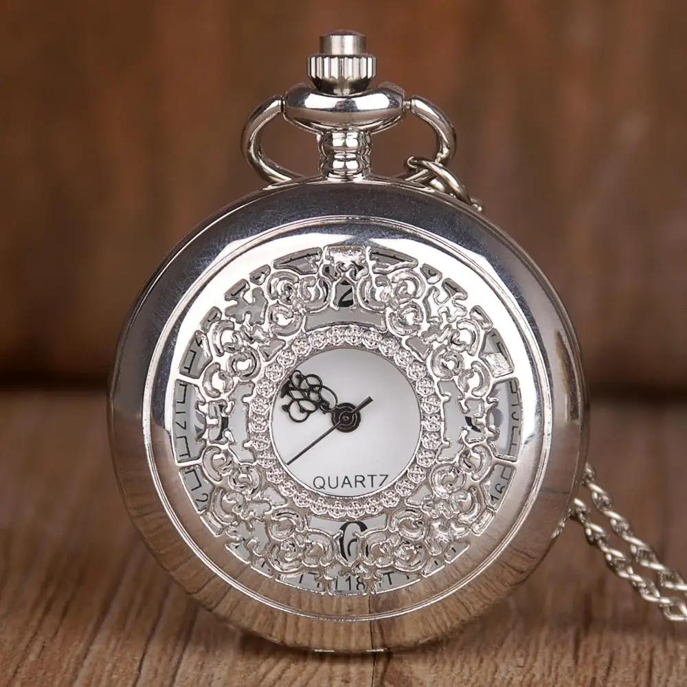 

New Hollow Silver Flowers Pocket Watches Arabic Numerals Quartz Pocket Watch Necklace Chain Pendant Women Men Watches Fob Clock
