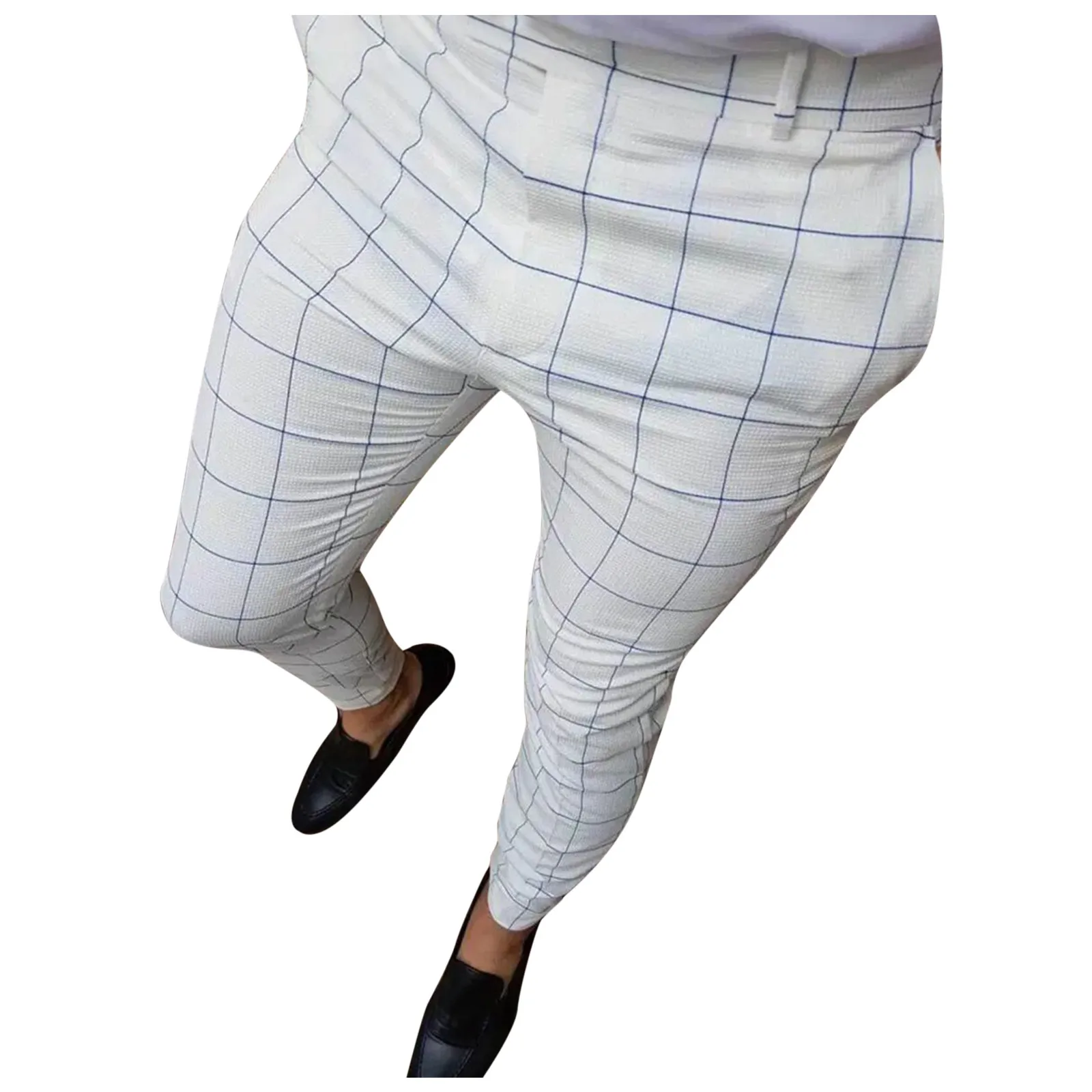 Men's Casual Plaid Pants Skinny Pencil Pants Zipper Elastic Waist Fashion Men's clothing Classic Pants Formal Trousers 2