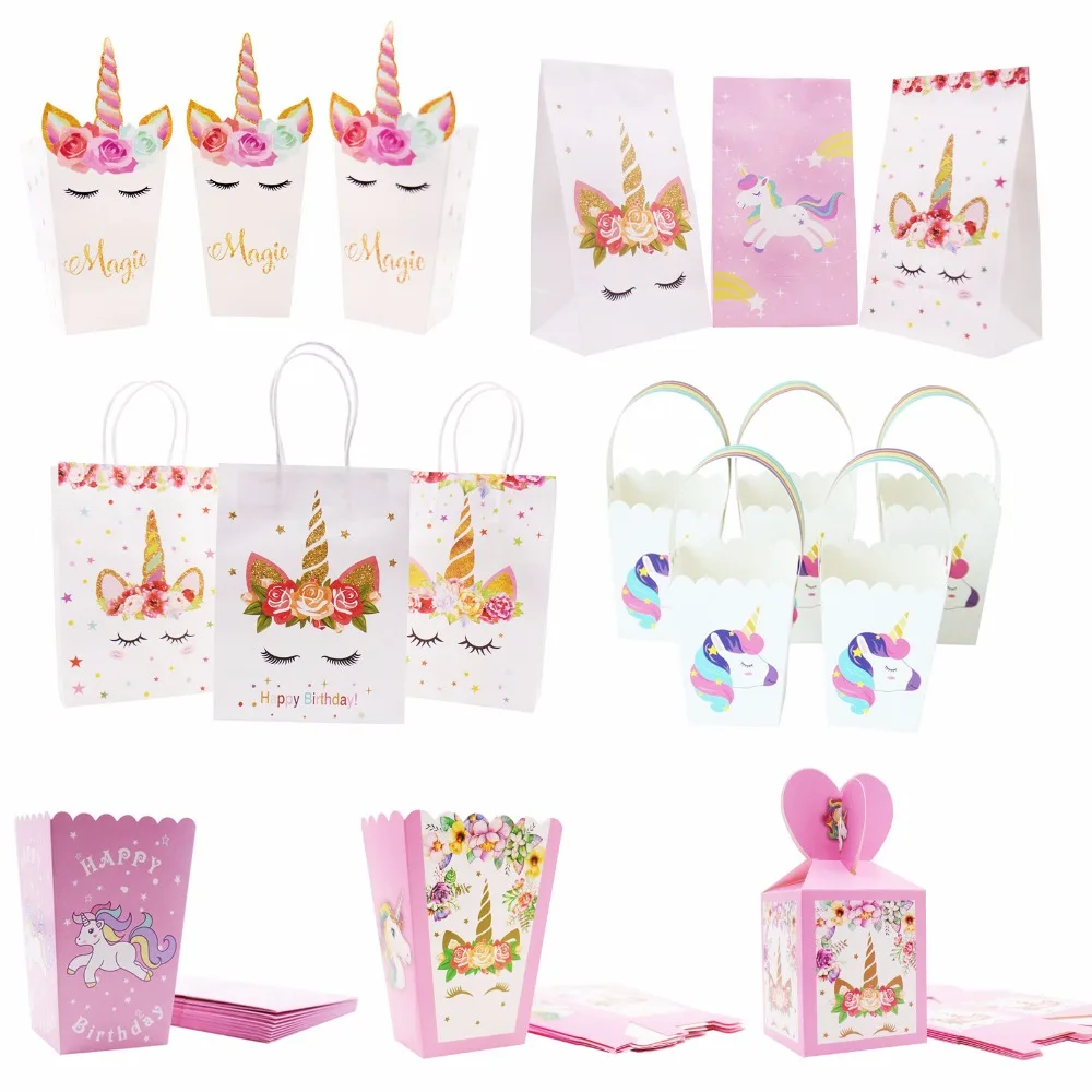 

Unicorn Paper Candy Box Bags With Handles Kraft Paper Gift Bag Popcorn Box Baby Shower Wedding Decor Birthday Party Supplies