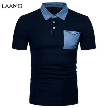 

Laamei Men Polo Shirts Brand Denim Pocket Patchwork Polos Shirts Male Casual Short Sleeve Polo Shirt Camisa Polos Masculina