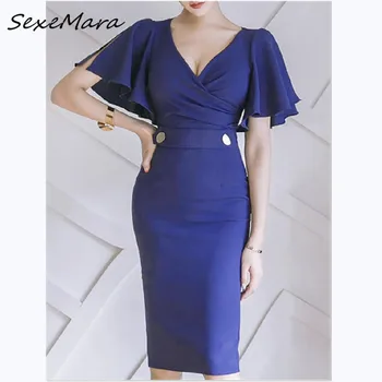 

Plus Size Office Lady Casual Slim Midi Dress 2020 Elegant V-neck Butterfly Sleeves Dress