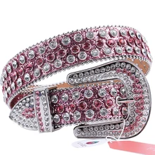 Pink Belts Glitter Rhinestone Belt Western Crystal Studded Belt For Women Luxury Design Diamond Leather Strap Buckle Cinturones