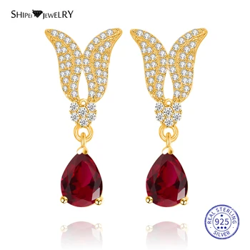 

Shipei 100% 925 Sterling Silver Personalized Yellow Gold Sapphire Emerald Ruby Wings Water Drop Earrings for Women Birthday Gift