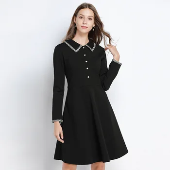 

Big size woman new lace patchork turn down collar fashion trend long sleeve cute A-line dress dropshipping black formal dress