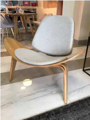 JOYLOVE Three-Legged Shell Chair Ash Plywood Fabric Upholstery Living Room Furniture Modern Lounge Shell Chair dining chairs Wood color linen