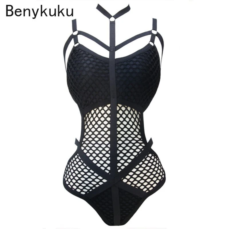 bodysuit women Gothic Women Black Sheer Knit Net Mesh Sexy Women Swimwear One Piece Swimsuit Female Bather Bathing Suit Swim Halter Romper New one shoulder bodysuit