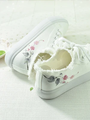 Canvas shoes female new ribbon pink hand-painted small fresh flat shoes