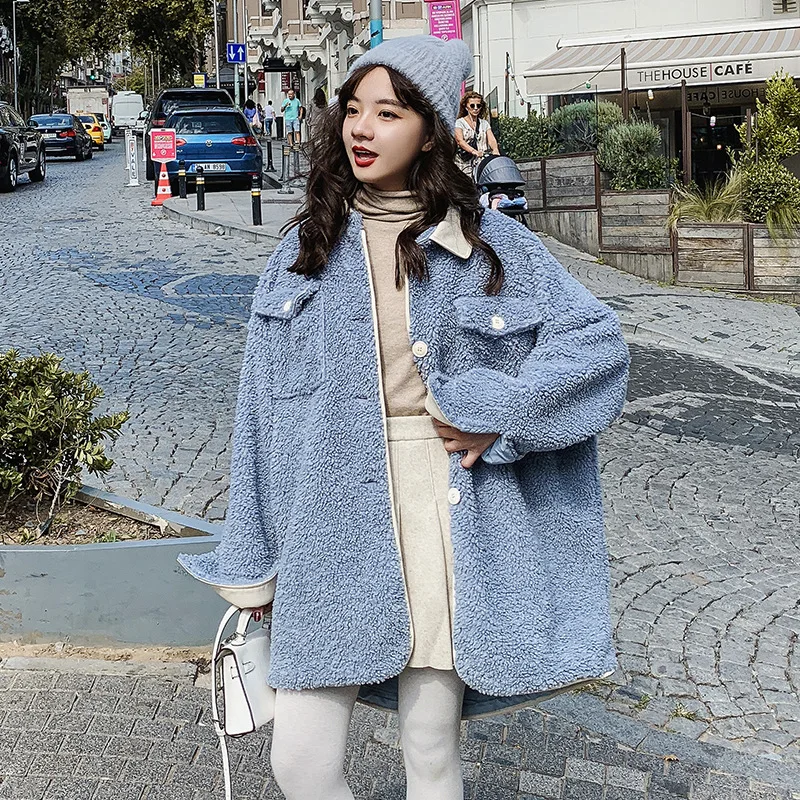 

Photo Shoot 2019 Winter New Style CHIC Korean-style Loose-Fit Fog Blue Versatile INS Lambs Wool Fight Skin Cotton Coat Women's