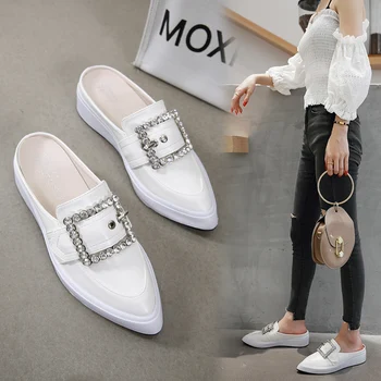 

Woman Shoes Metal Buckle Pointed Toe Mules Crystal Wedge Slippers Fashion Shallow Platform Slides Ladies Loafers White Apricot