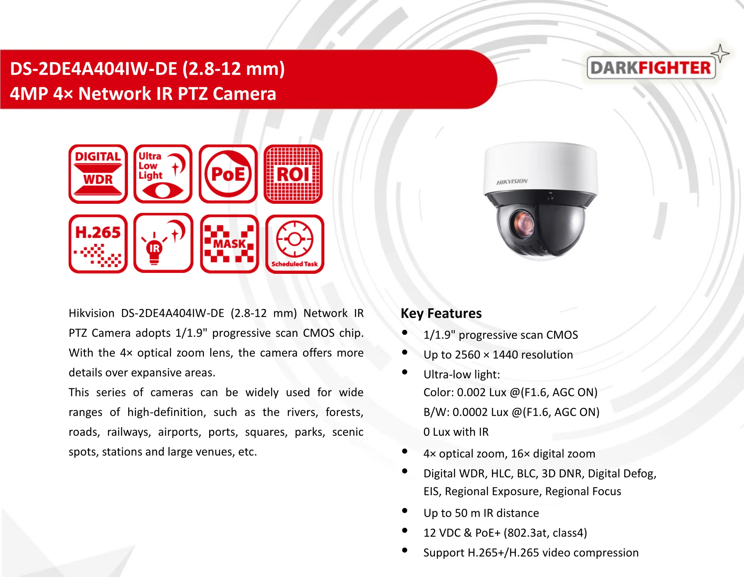 Hikvision темного бойца камера видеонаблюдения DS-2DE4A404IW-DE 4MP 4X 2,8-12 мм купольная PTZ ip-камера H.265+ Цифровая Defog